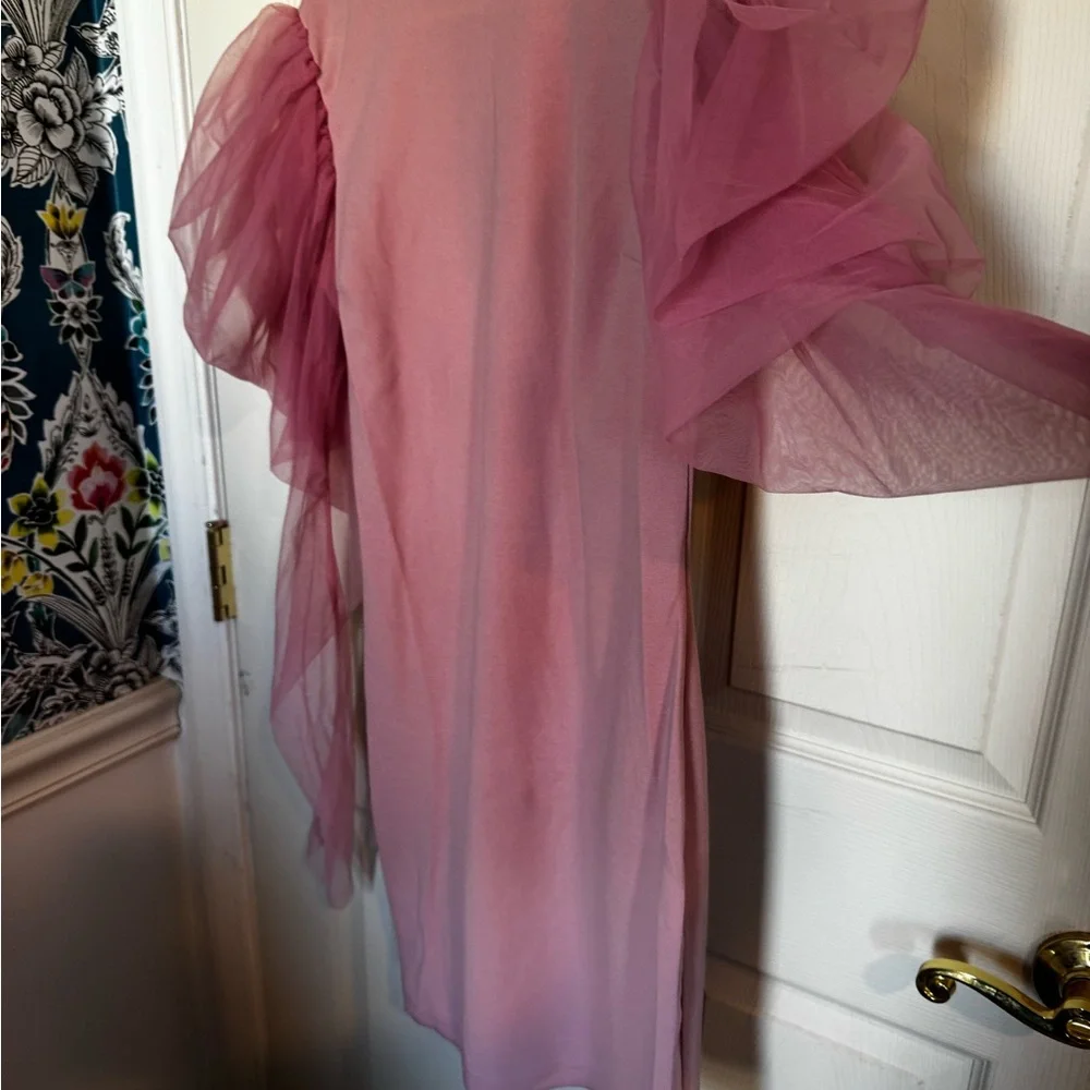 Women's Elegant Contrast Mesh Gigot Sleeve Bodycon Party Dress Pink Medium - Picture 9 of 10